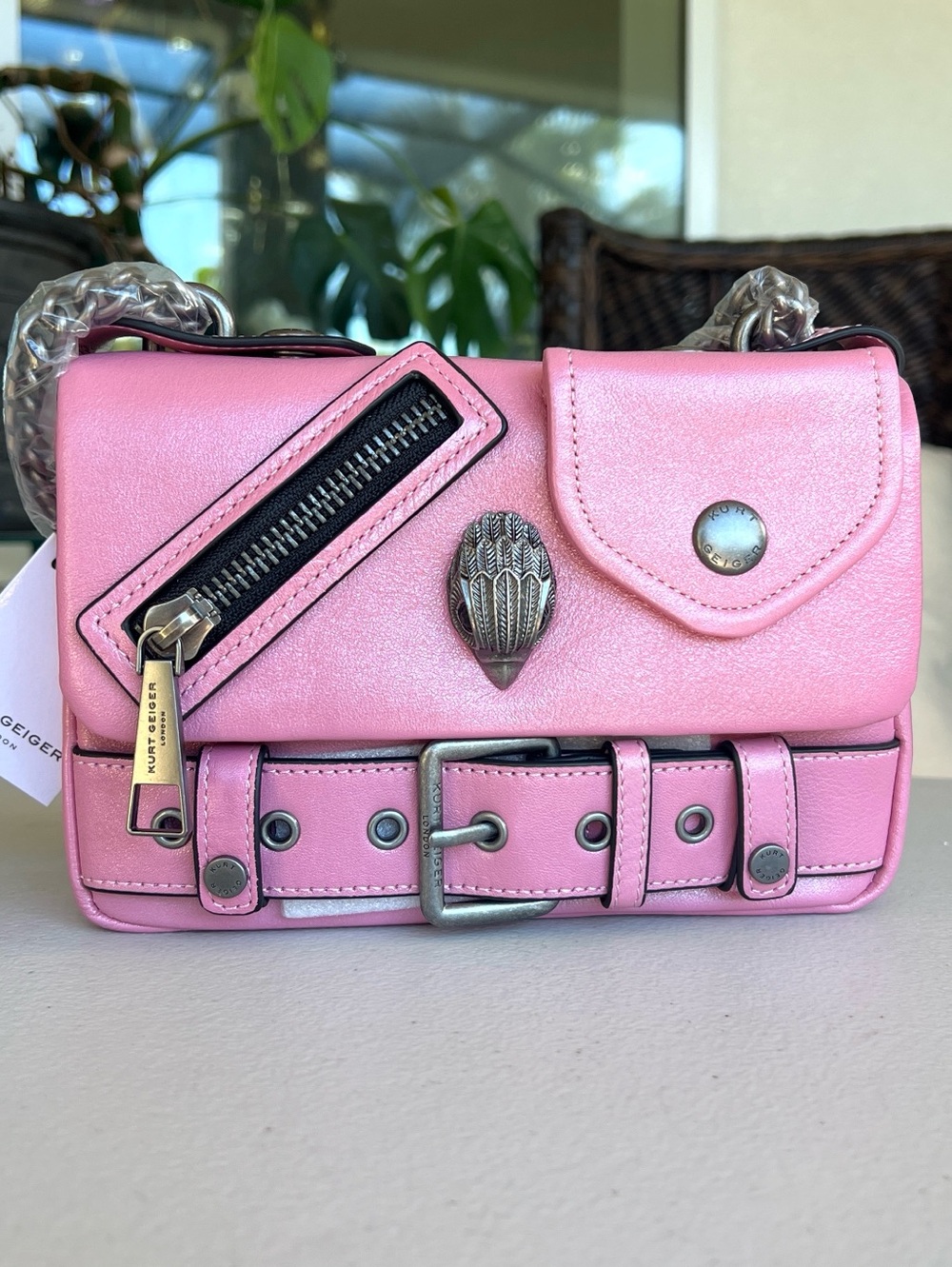 KURT GEIGER Hackney Shimmery Pink Moto small crossbody bag on chain  NWT